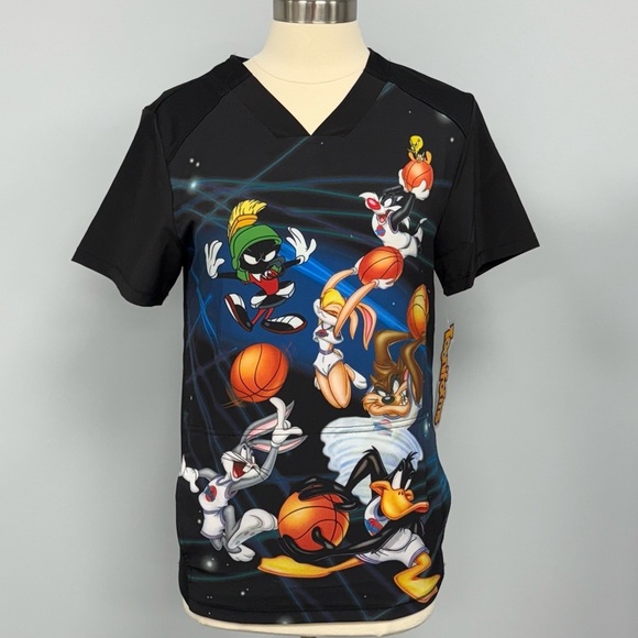NWT Cherokee Space Jam Scrub Top Unisex XS Taz Bugs Bunny Tooniforms Scrubs - Picture 1 of 8
